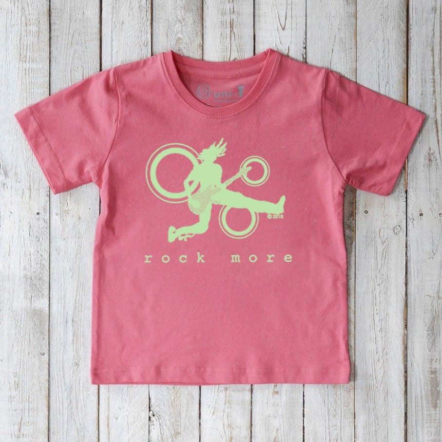 Eco-friendly Kids' Organic Cotton Guitar Tee in pink with neon green rock guitarist design and 'rock more' slogan by Uni-T.
