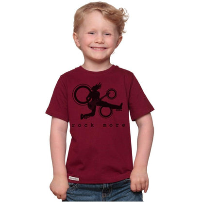 Child wearing maroon Kids' Guitar T-Shirt in Organic Cotton featuring black rock guitarist graphic and 'rock more' text, sustainable band apparel.