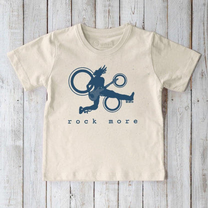 Cream-colored Kids' Organic Cotton Guitar T-Shirt with blue rock guitarist print and 'rock more' text, soft eco-friendly music tee.