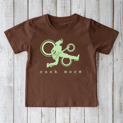 Brown Kids' Guitar T-Shirt in Organic Cotton with neon green rock guitarist graphic and 'rock more' slogan, sustainable music-themed top.