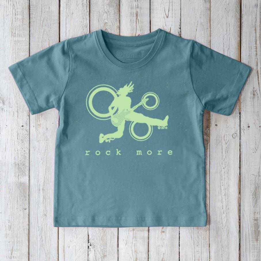 Blue Kids' Organic Cotton Guitar Tee with neon green rock guitarist design and 'rock more' text, eco-conscious band graphic shirt.
