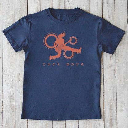 Navy Kids' Guitar T-Shirt in Organic Cotton with bold orange rock guitarist print and 'rock more' text, eco-friendly music graphic tee.