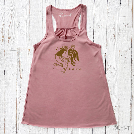 Rooster Flowy Tank Top - Sing More in mauve pink with brown rooster graphic and musical notes, ideal for vocal confidence and expressive style.