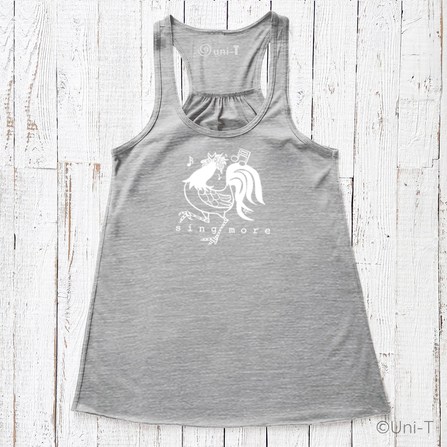Heather gray Rooster Flowy Tank Top - Sing More with white rooster and music note print, designed for expressive voices and relaxed fashion.