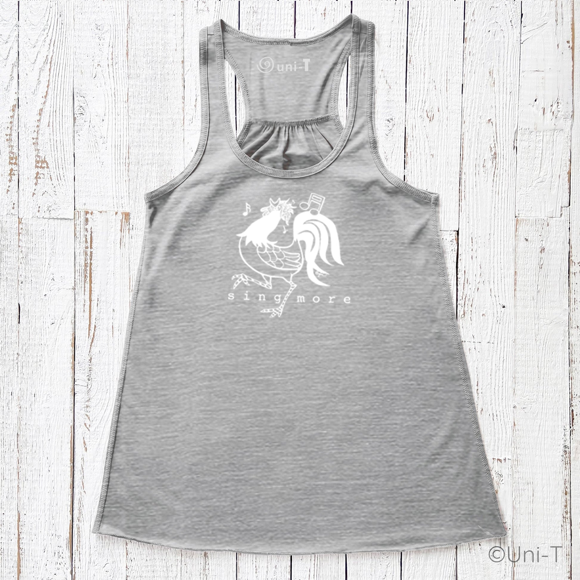 Heather gray Rooster Flowy Tank Top - Sing More with white rooster and music note print, designed for expressive voices and relaxed fashion.