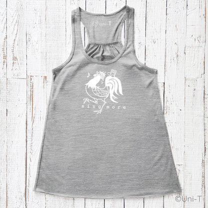 Heather gray Rooster Flowy Tank Top - Sing More with white rooster and music note print, designed for expressive voices and relaxed fashion.