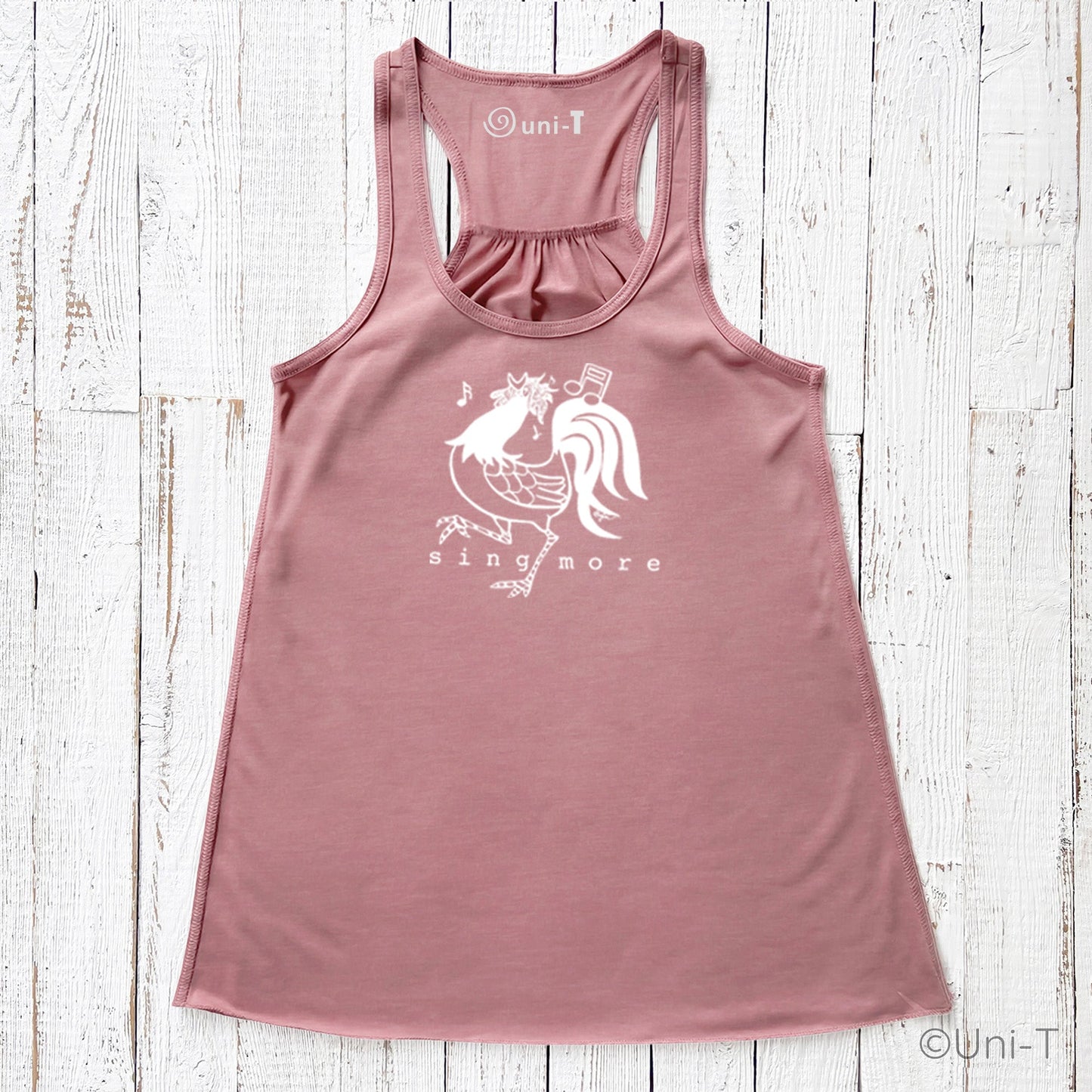 Mauve pink Rooster Flowy Tank Top - Sing More with white rooster and music notes, empowering vocal confidence in a soft racerback design.