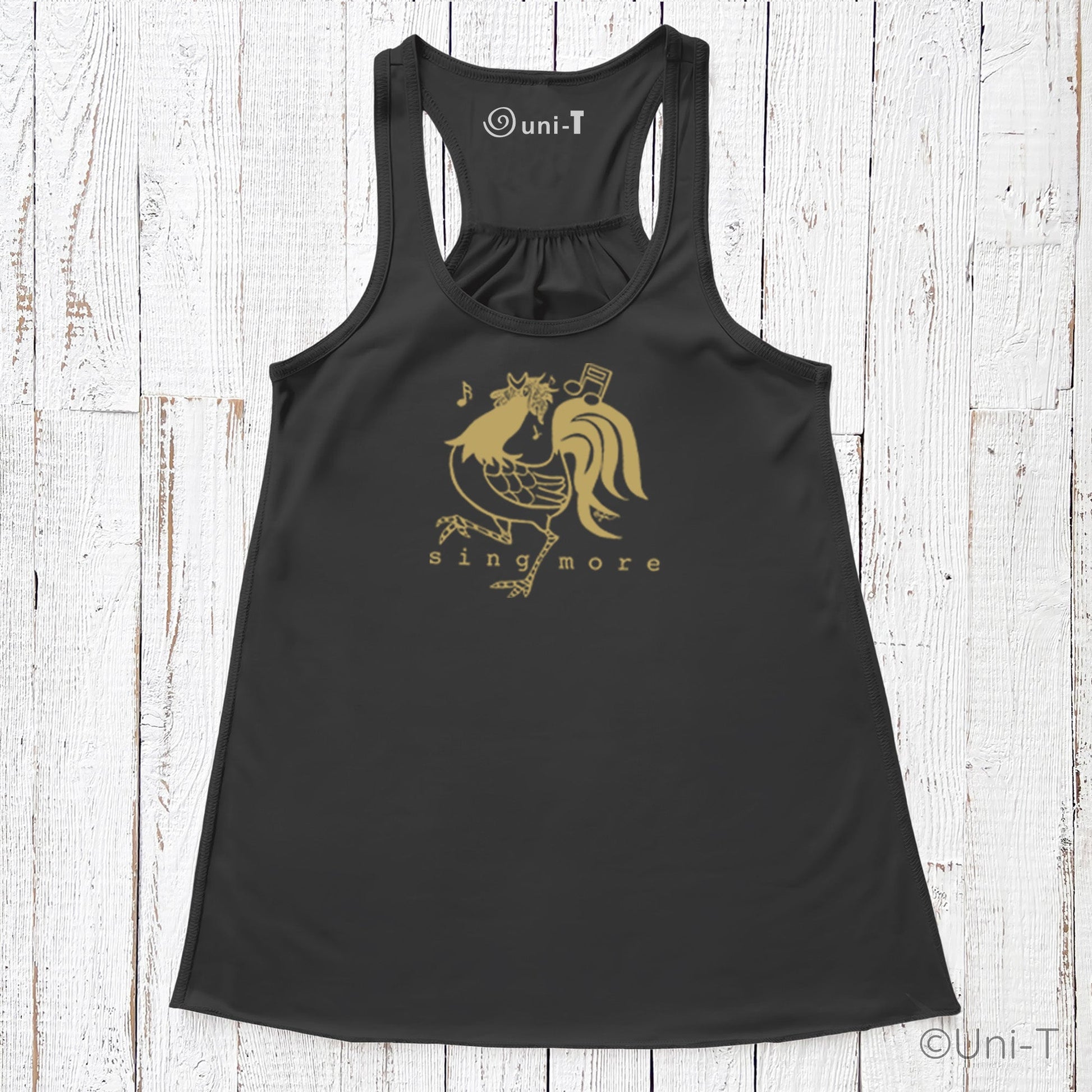 Black Rooster Flowy Tank Top - Sing More with gold rooster and music note artwork, stylish apparel for singers and voice expression lovers.