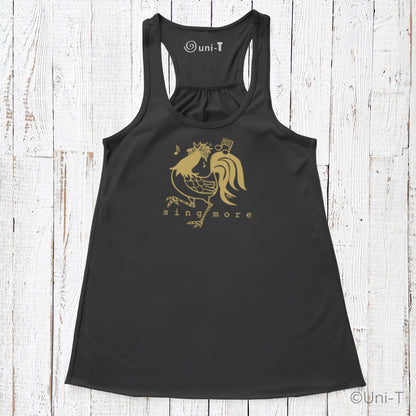 Black Rooster Flowy Tank Top - Sing More with gold rooster and music note artwork, stylish apparel for singers and voice expression lovers.