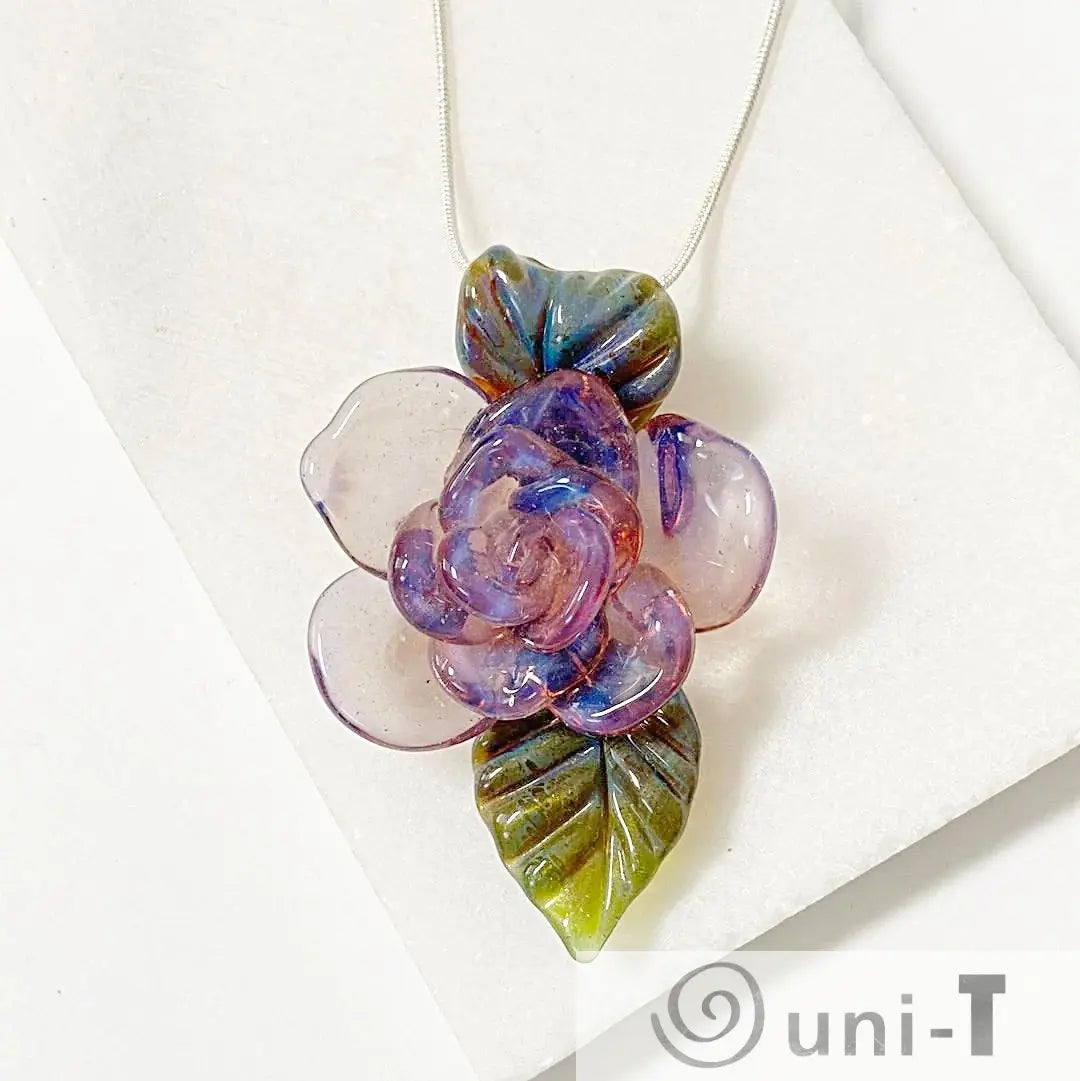 Rose Flower Torch Worked Glass with Silver Snake Chain Necklace Christine Mathews