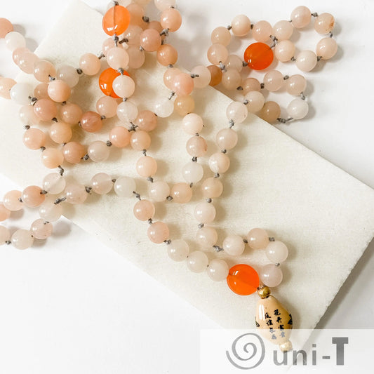 Rose and Orange Quartz with Chinese pendant Mala Beads Necklace Margaret Kornack