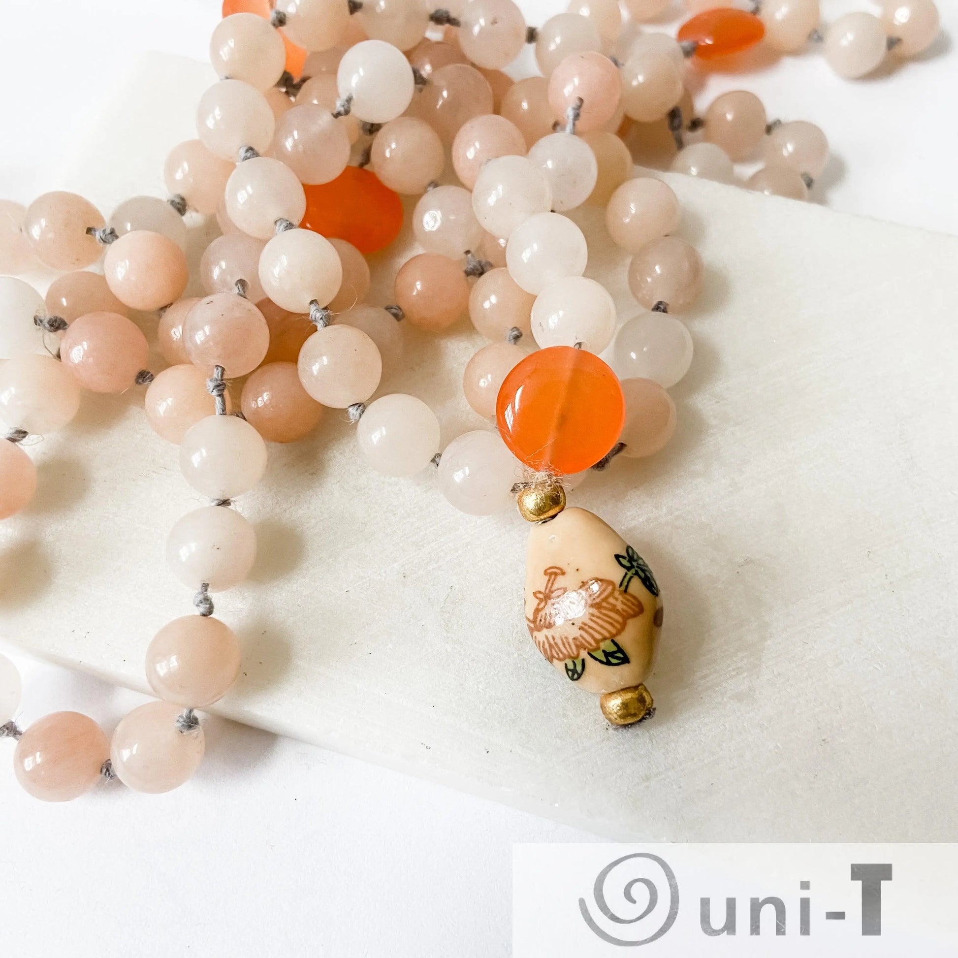 Rose and Orange Quartz with Chinese pendant Mala Beads Necklace Margaret Kornack