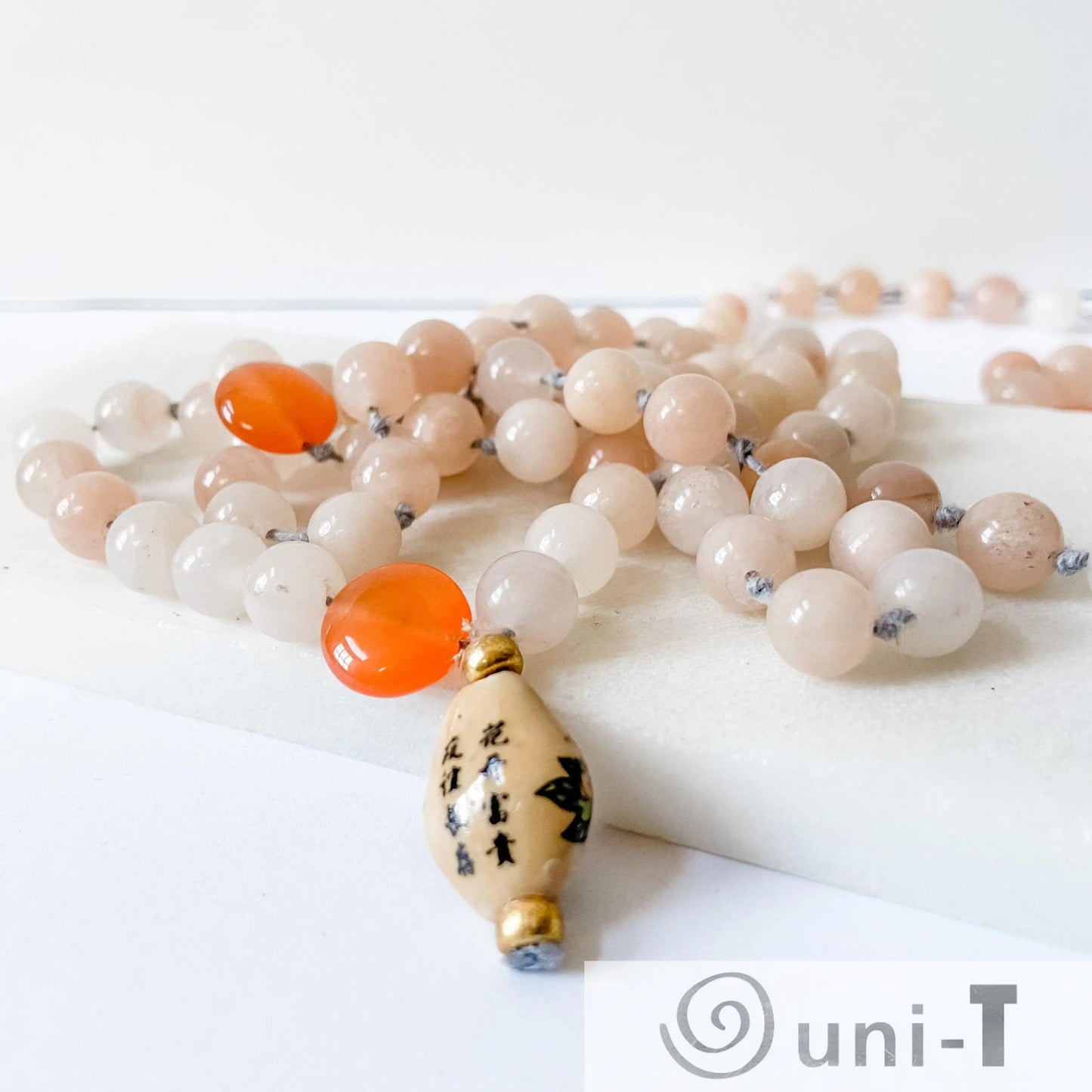 Rose and Orange Quartz with Chinese pendant Mala Beads Necklace Margaret Kornack