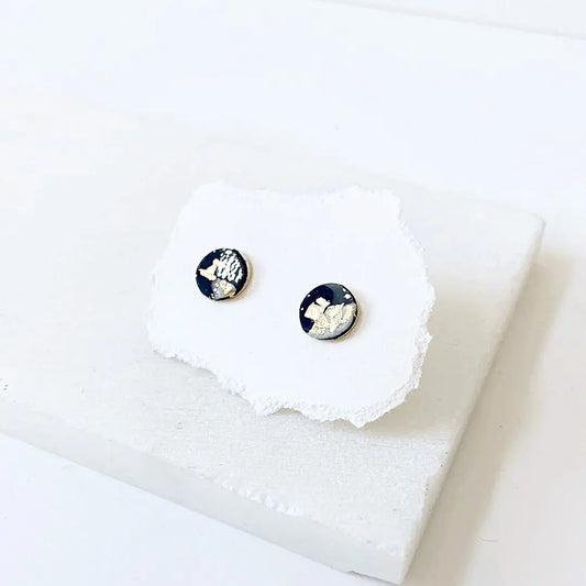 Round Polymer Clay  Stud Earrings - Black and Gold Sandrine Colson