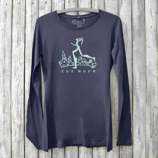 Run More Long Sleeve T-Shirt Women in navy blue featuring a runner and city design. Eco-friendly bamboo cotton fitness top for active lifestyles.