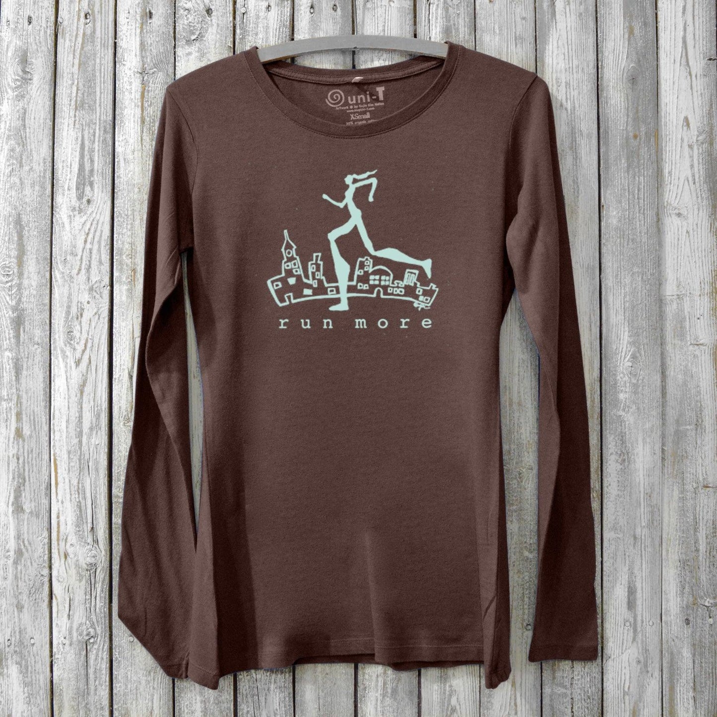 Run More Long Sleeve T-Shirt Women in dark brown with athletic runner print. Sustainable bamboo organic cotton shirt for running and workouts.