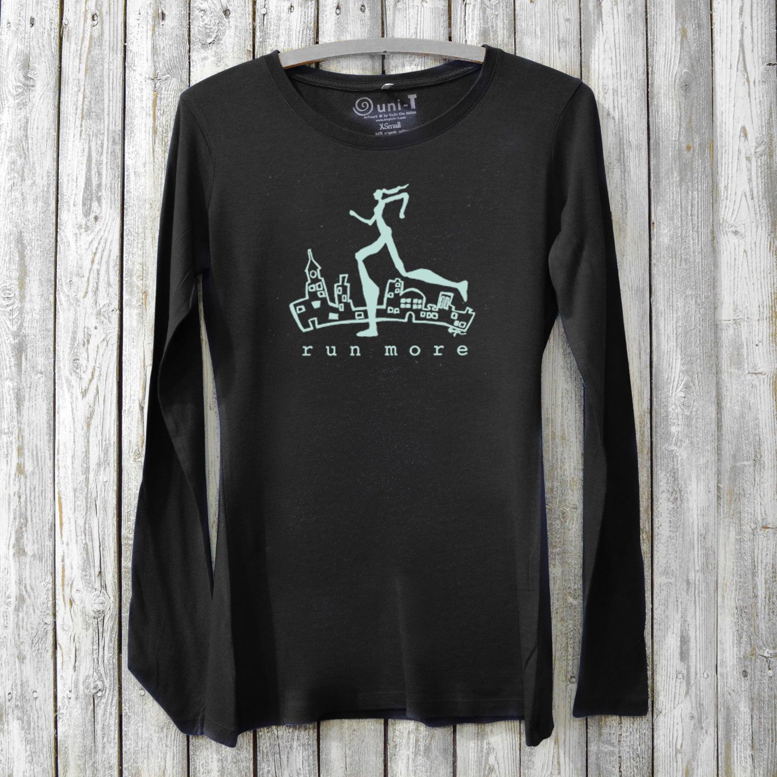 Run More Long Sleeve T-Shirt Women in black with light blue runner graphic. Bamboo cotton athletic top ideal for fitness and running enthusiasts.