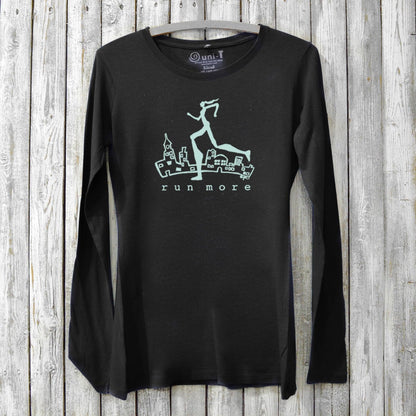 Run More Long Sleeve T-Shirt Women in black with light blue runner graphic. Bamboo cotton athletic top ideal for fitness and running enthusiasts.