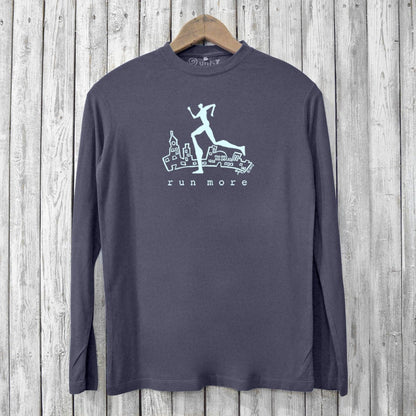Men's bamboo long sleeve running shirt in charcoal with 'Run More' cityscape print. Lightweight and ideal for fitness and jogging.