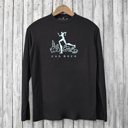Black eco-friendly men's running shirt featuring 'Run More' graphic. Crafted from breathable bamboo and organic cotton blend.