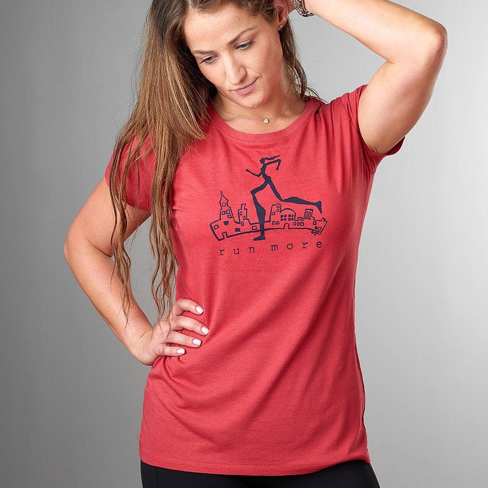 Women's red bamboo and organic cotton running t-shirt with 'Run More' graphic, ideal sustainable workout top and motivational gift for runners.