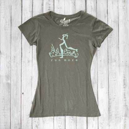 Olive green women's bamboo and organic cotton t-shirt with 'Run More' cityscape graphic, perfect eco-friendly athletic wear for runners.