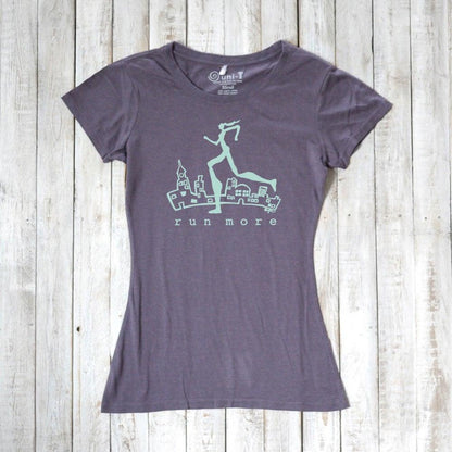 Charcoal purple women's sustainable running t-shirt featuring 'Run More' graphic, made from bamboo and organic cotton for active lifestyles.