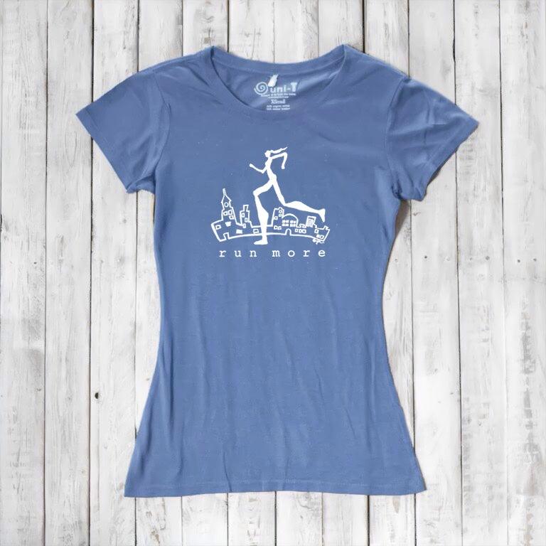 Blue women's bamboo and organic cotton t-shirt with white 'Run More' runner graphic, breathable and soft for fitness and casual wear.