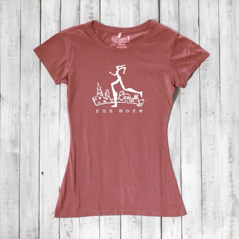 Rust red women's athletic t-shirt in bamboo and organic cotton with white 'Run More' print, sustainable and stylish gift for runners.
