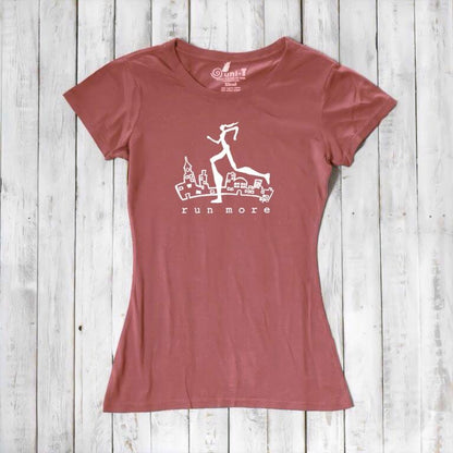 Rust red women's athletic t-shirt in bamboo and organic cotton with white 'Run More' print, sustainable and stylish gift for runners.