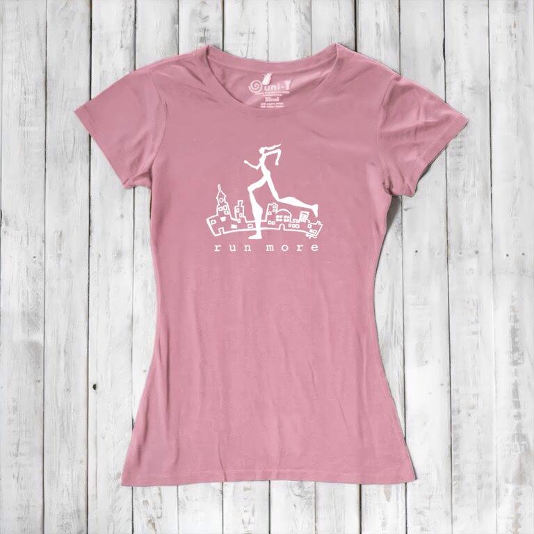 Pink women's bamboo and organic cotton graphic tee with 'Run More' design, eco-conscious workout top for female runners.