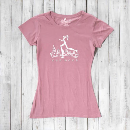 Pink women's bamboo and organic cotton graphic tee with 'Run More' design, eco-conscious workout top for female runners.