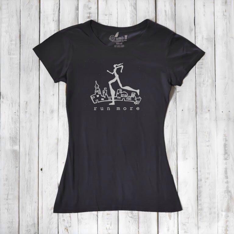 Black women's running t-shirt made from bamboo and organic cotton, featuring 'Run More' graphic, ideal for sustainable fitness fashion.