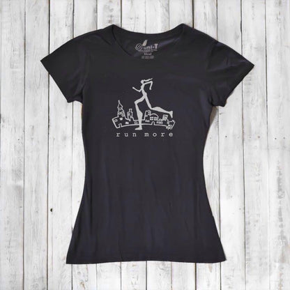 Black women's running t-shirt made from bamboo and organic cotton, featuring 'Run More' graphic, ideal for sustainable fitness fashion.