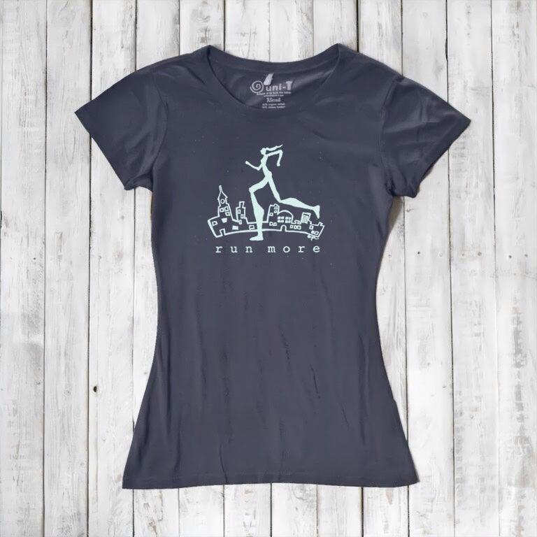 Navy blue women's bamboo and organic cotton t-shirt with mint 'Run More' print, breathable and soft for running and everyday wear.