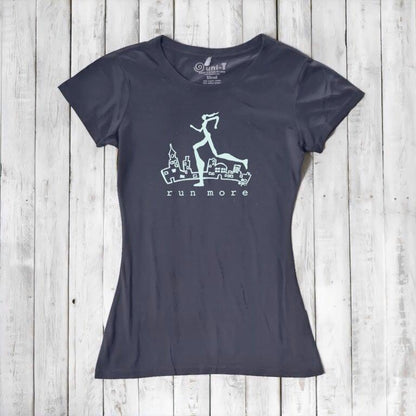 Navy blue women's bamboo and organic cotton t-shirt with mint 'Run More' print, breathable and soft for running and everyday wear.