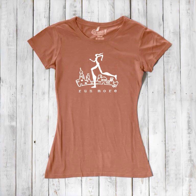 Terracotta women's sustainable running tee with white 'Run More' graphic, made from bamboo and organic cotton for eco-friendly workouts.