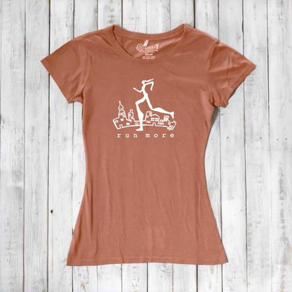 Terracotta women's sustainable running tee with white 'Run More' graphic, made from bamboo and organic cotton for eco-friendly workouts.