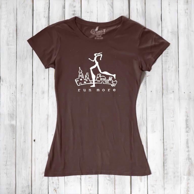 Brown women's bamboo and organic cotton t-shirt with white 'Run More' runner design, perfect for activewear and motivational gifts.