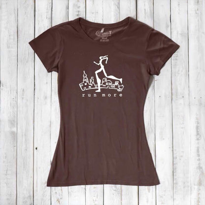 Brown women's bamboo and organic cotton t-shirt with white 'Run More' runner design, perfect for activewear and motivational gifts.