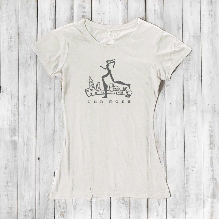 Ivory women's bamboo and organic cotton t-shirt with grey 'Run More' graphic, soft and breathable top for runners and fitness lovers.