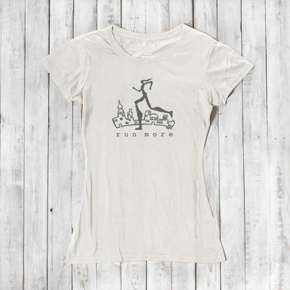 Ivory women's bamboo and organic cotton t-shirt with grey 'Run More' graphic, soft and breathable top for runners and fitness lovers.