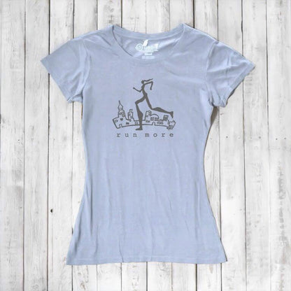 Light blue women's sustainable running t-shirt with dark 'Run More' print, made from bamboo and organic cotton for eco-conscious athletes.