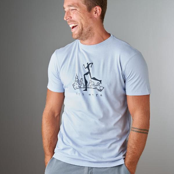 Men's Running T-Shirt in Bamboo & Organic Cotton with 'Run More' graphic, light blue color, modeled for athletic lifestyle appeal.