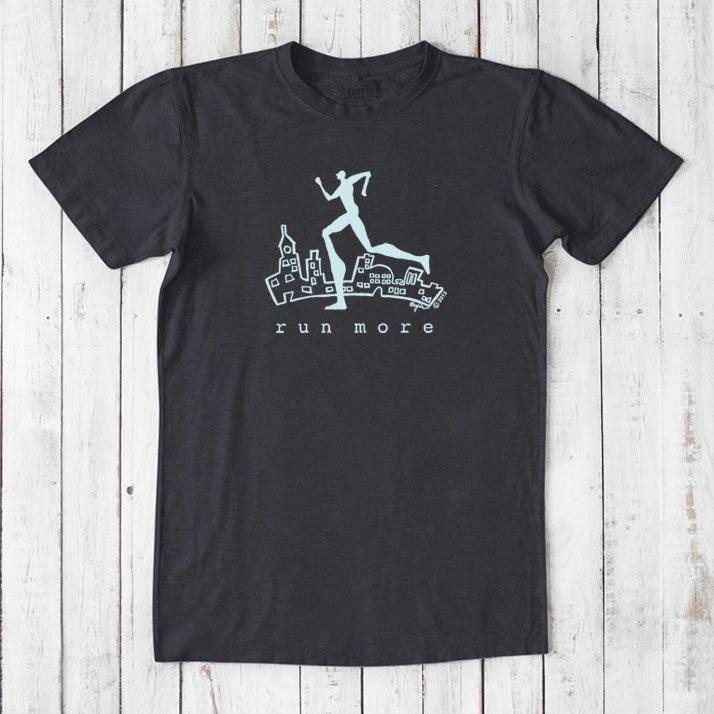 Black 'Run More' men's bamboo and organic cotton T-shirt featuring a cityscape and runner graphic, ideal for fitness and casual wear.