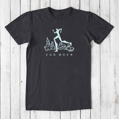 Black 'Run More' men's bamboo and organic cotton T-shirt featuring a cityscape and runner graphic, ideal for fitness and casual wear.