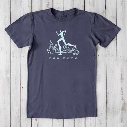 Dark gray 'Run More' men's graphic T-shirt made from bamboo and organic cotton, featuring a runner silhouette over a city skyline.