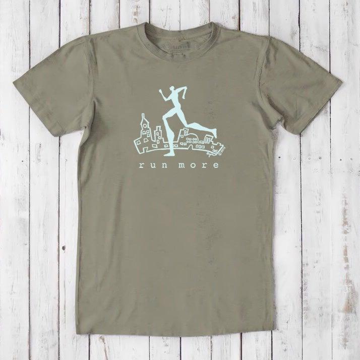 Olive green 'Run More' men's bamboo and organic cotton T-shirt with motivational runner design, great for eco-conscious athletes.