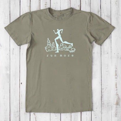 Olive green 'Run More' men's bamboo and organic cotton T-shirt with motivational runner design, great for eco-conscious athletes.
