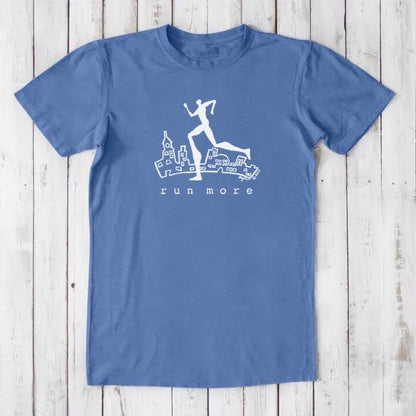 Blue 'Run More' men's classic fit T-shirt in bamboo and organic cotton, showcasing a cityscape and running figure graphic.